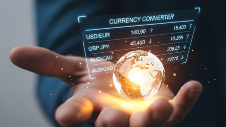 Hand holds glowing globe with currency converter hologram showing exchange rates and data.