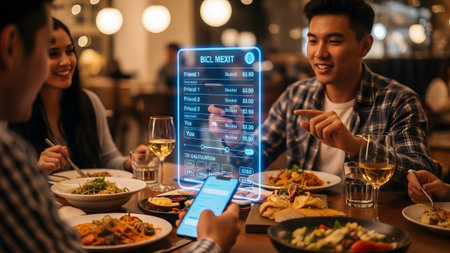 Friends at a restaurant table use a holographic display for tip calculation. Clear details and vi...