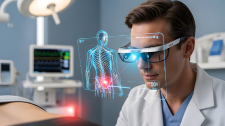 With showing doctor analyzing full body hologram with ar headset in operating room. High...の写真素材