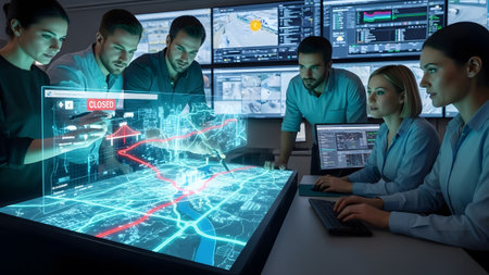 Team reviewing traffic and incident data on a glowing holographic city map Clear details and vibr...