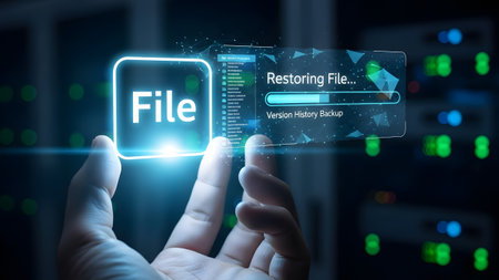 Hand holds holographic file restoration interface with progress bar and data. Clear details and v...