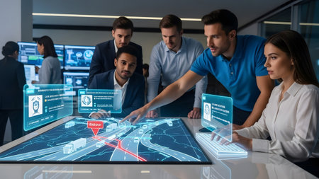 Business team gathered around a holographic table planning logistics and analyzing truck routes.