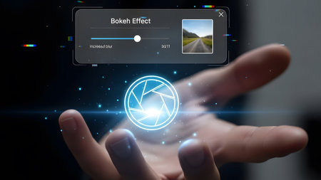 A hand holds a glowing aperture icon with a digital interface for adjusting bokeh blur. Clear det...
