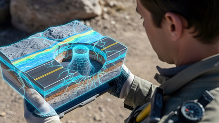 Engineer views 3D geological model of a nuclear facility on a tablet outdoors Clear details and v...の写真素材