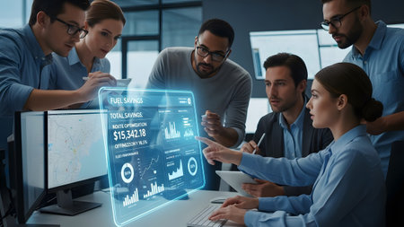 A diverse group of people analyze fuel savings data on a glowing holographic interface. Clear det...