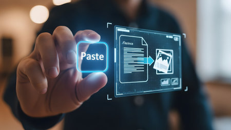 Hand holds a holographic PASTE button with document and image transfer icons. Clear details and v...の写真素材