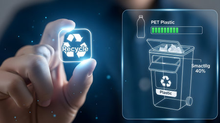 Technology showing finger touching recycle icon with smart bin showing plastic sorting progress...