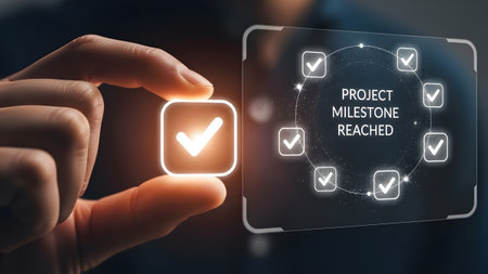 Hand holds glowing checkmark near digital display showing project milestones completed. Clear det...