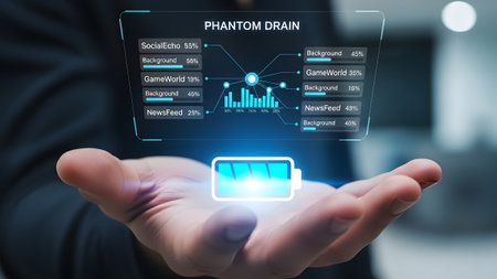 Hand shows holographic phantom drain analysis with battery and charts. Clear details and vibrant ...の写真素材