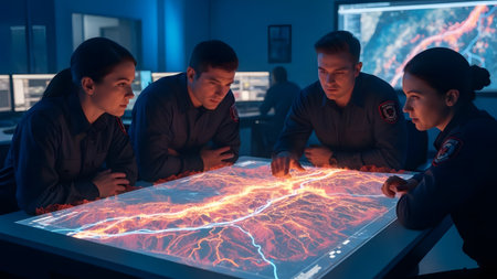 Four people in dark uniforms gather around glowing interactive map table displaying data.の写真素材