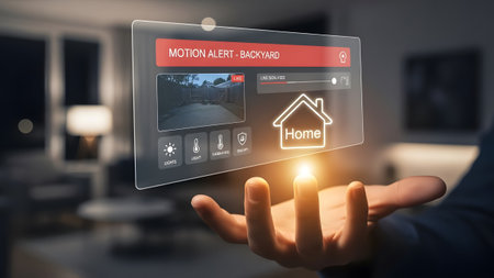 Hand holding transparent screen showing home security system with motion alert Clear details and ...