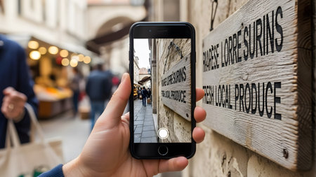 Smartphone screen displays translation of a sign for fresh local produce in a European street.