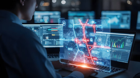 An operator monitors a futuristic city map and data on multiple screens in a dark control room.