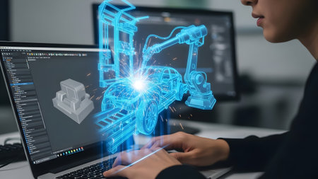 Person viewing a holographic car welding process displayed on a laptop. Clear details and vibrant...