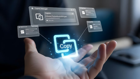 Hand displays a copy icon with multiple small digital windows floating around it. Clear details a...の写真素材