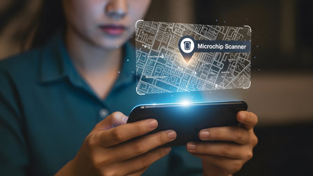 Person holds smartphone displaying holographic microchip scanner map interface with location pin