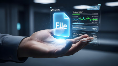 Hand holds holographic file interface showing version history and restoration status. Clear detai...の写真素材