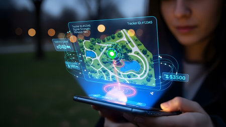 Woman holding smartphone displaying a holographic park map with GPS tracking and data overlays.の写真素材