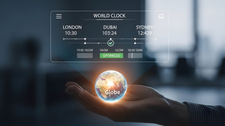 Hand holds glowing globe with world clock interface showing London Dubai Sydney times. Clear deta...