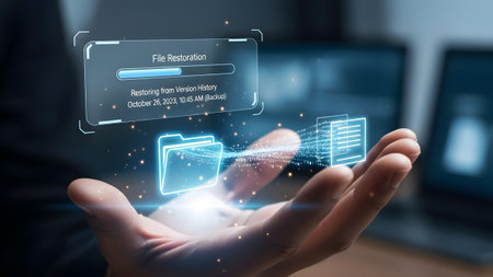 Hand displays holographic file restoration interface with folders, data and progress bar.