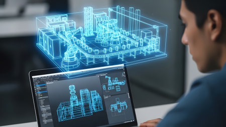 Man reviewing a holographic industrial robot design displayed on a laptop. Clear details and vibr...