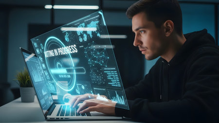 Man using laptop with holographic interface displaying voting progress and network data.