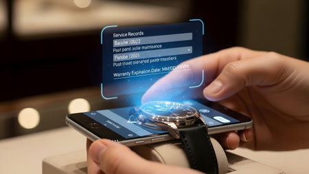 Person uses smartphone to view service records and warranty for a luxury watch Clear details and ...