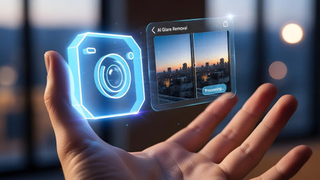 Hand displays holographic camera icon and AI glare removal interface with cityscape Clear details...の写真素材