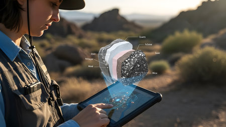 A geologist uses a tablet to view a holographic display of rock strata. Clear details and vibrant...の写真素材
