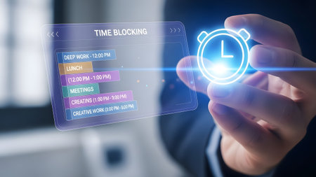 A hand holds a transparent screen displaying a time blocking schedule with a clock icon.の写真素材