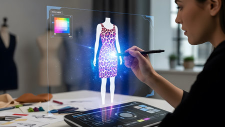 Fashion designer uses tablet and stylus to design a 3D leopard print dress with color palette...