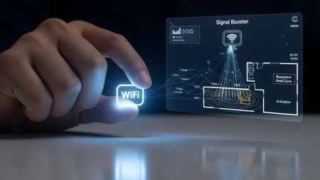Finger touching Wifi symbol activating signal booster diagram with dead zone Clear details and vi...の写真素材
