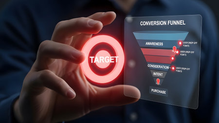 Hand holding glowing target next to holographic conversion funnel diagram Clear details and vibra...の写真素材