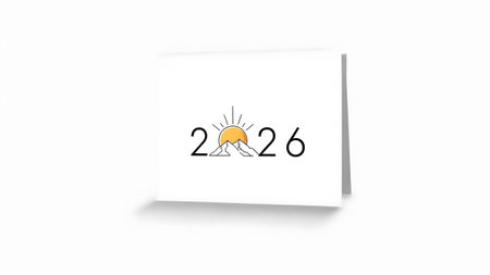 A greeting card displays the year 2026 with a sunrise over mountains. Clear details and vibrant c...