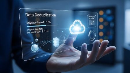 Hand shows data deduplication with storage savings, original and deduped sizes. Clear details and...