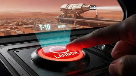 Finger pressing a red launch button with an alien planet spaceship hologram. Clear details and vi...
