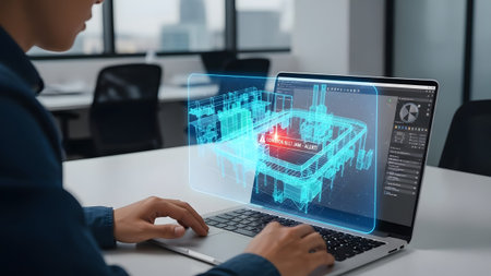 Engineer viewing a 3D holographic blueprint of industrial machinery on a laptop. Clear details an...
