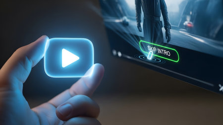 Finger touches glowing play button with skip intro option on a digital screen Clear details and v...