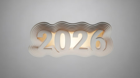 Layered paper art forms the numbers 2026 with a warm light glowing from behind. Clear details and...