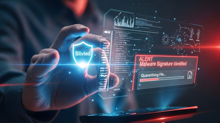 Alert showing cyber security shield with malware alert on futuristic interface. High resolution...
