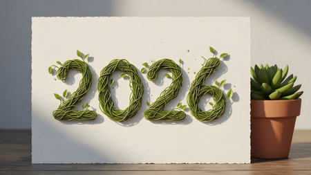 Green vine numbers for 2026 on a white card beside a potted succulent plant. Clear details and vi...
