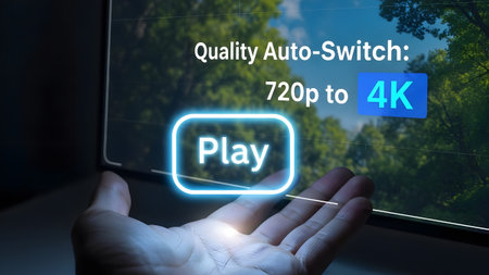 Hand holds glowing play button with 720p to 4K quality auto-switch text Clear details and vibrant...