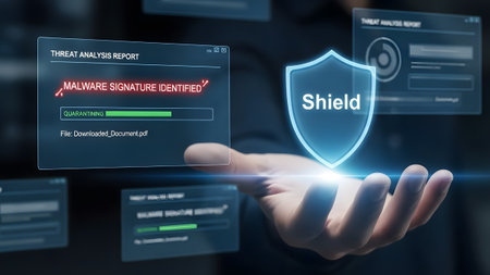 Stock showing cyber security threat analysis report with malware identified and shield. High...