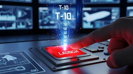 Finger pressing a red launch button with a countdown timer and sparks. Clear details and vibrant ...の写真素材