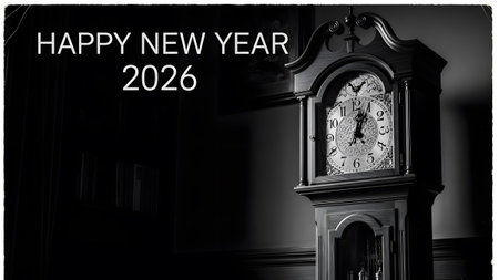 Grandfather clock in a dark room with Happy New Year 2026 text and a painting Clear details and v...