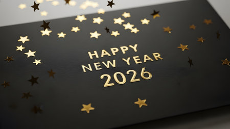 Gold stars and text Happy New Year 2026 with falling stars on a dark surface Clear details and vi...