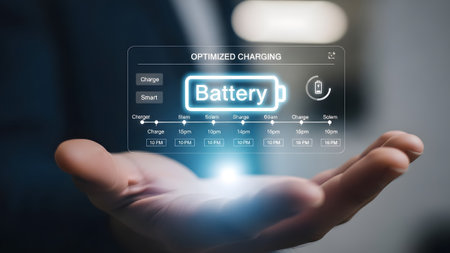 Hand holding a holographic interface showing optimized battery charging schedule and battery icon.の写真素材