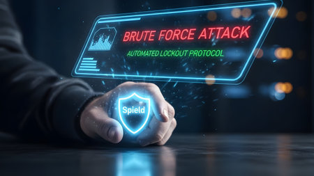 Hand holds glowing shield with brute force attack alert on digital screen. Clear details and vibr...