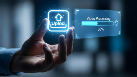 Hand displays video processing upload icon and progress bar interface Clear details and vibrant c...