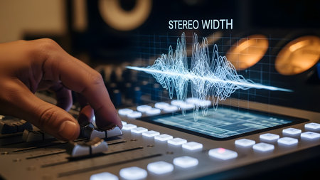 Hand adjusts faders on audio mixing console displaying a stereo width waveform. Clear details and...
